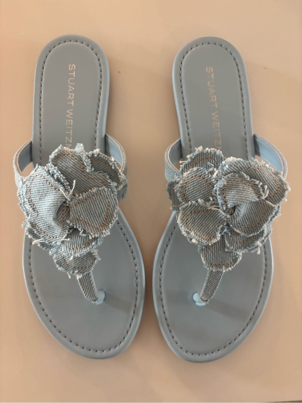 Stuart Weitzman Light Blue Floral Denim Thong Sandals NWT